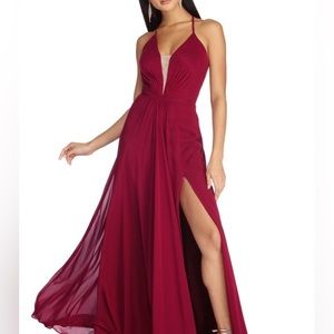 Maroon Formal Chiffon Lace Up Dress Size 4